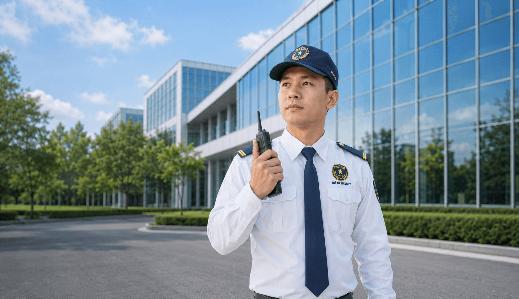 Nhân viên bảo vệ Thế An tại tòa nhà hiện đại
