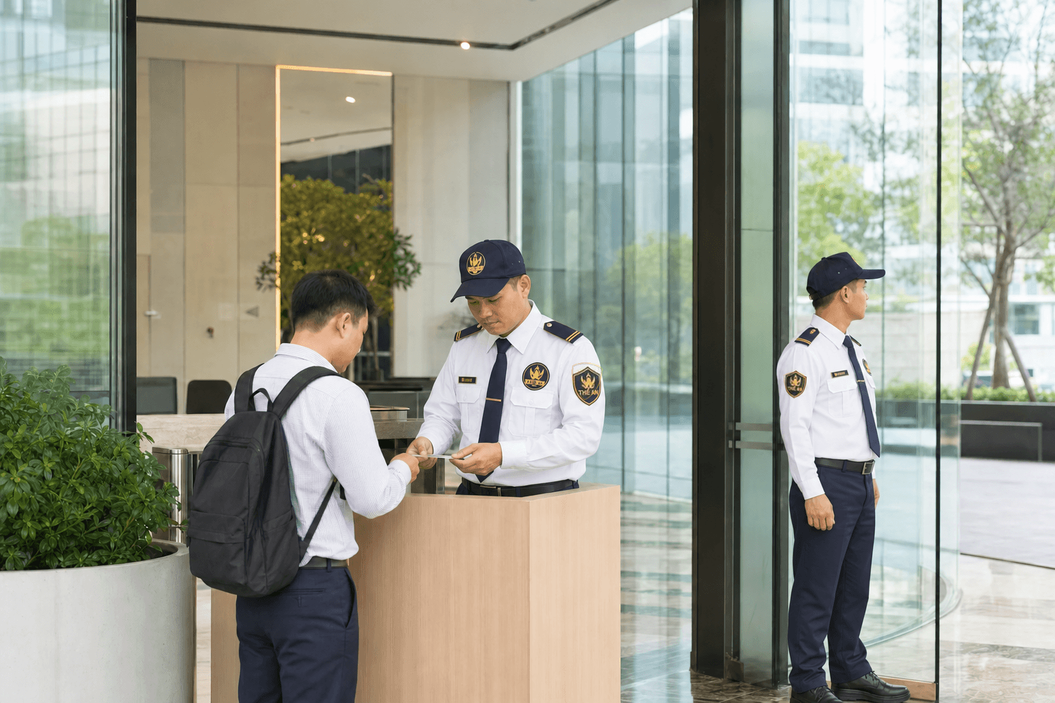 Đội ngũ bảo vệ Thế An đang thực hiện kiểm soát và tư vấn an ninh tại tòa nhà