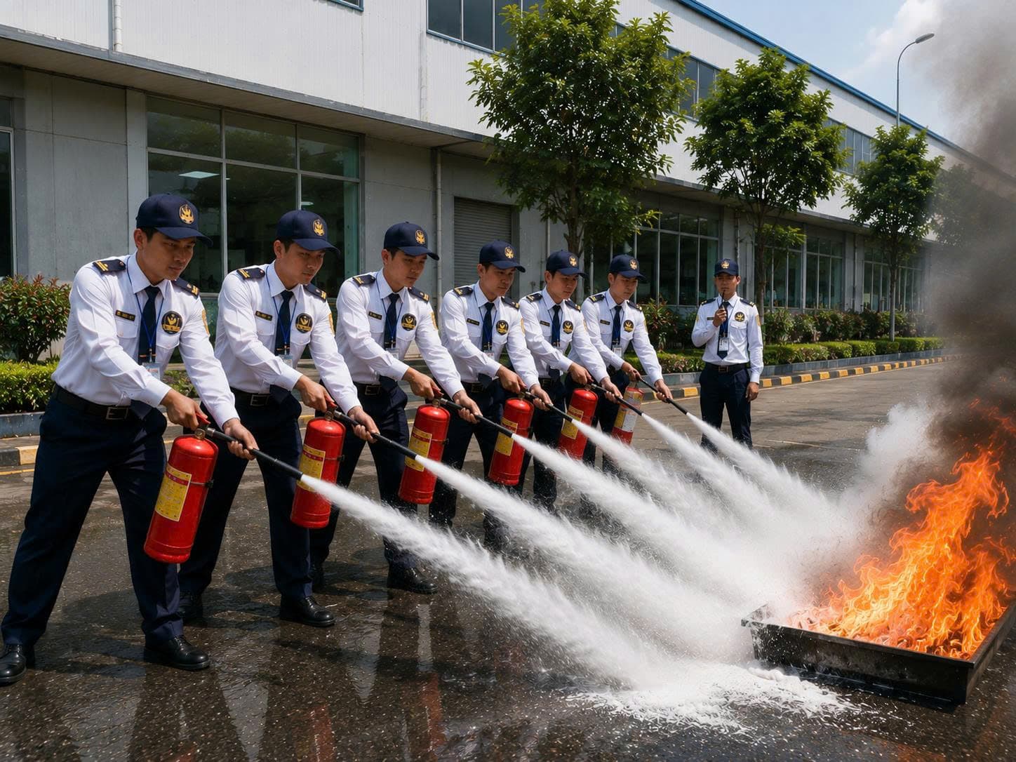 Nhân viên bảo vệ Thế An đồng loạt thực hành chữa cháy
